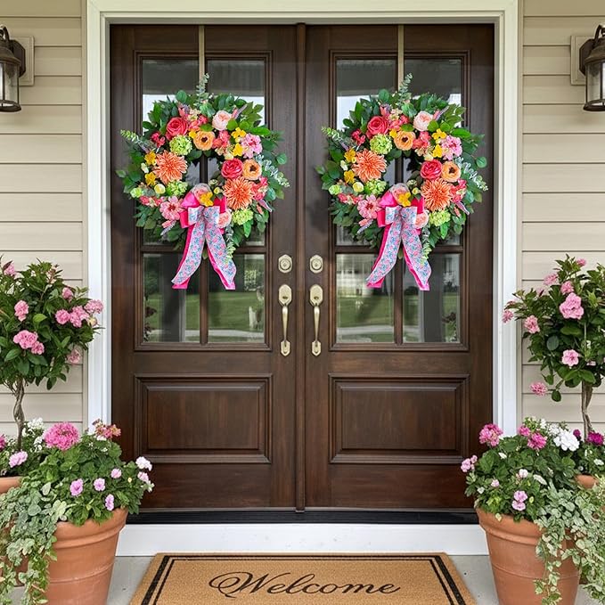 Spring Wreaths for Front Door 24 Inch Outdoor Spring Wreath with Pink Bow– Handmade Peach Dahlia & Garden Rose Summer Wreaths for Front Door,Farmhouse Home,Porch,Wall,Window Decor