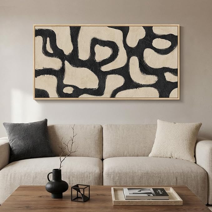 Framed Abstract Neutral Horizontal Wall Art for Living Room, Black Beige Mid Century Modern Artwork for Walls, Large Abstract Canvas Painting Print for Bedroom Hallway Home Office Wall Decor, 24x48 In