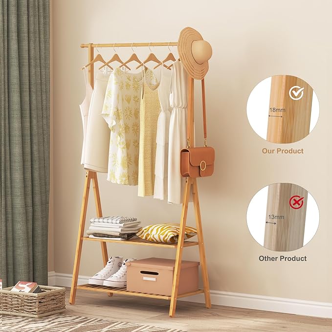 Bamboo Wooden Clothes Rack, Heavy Duty Garment Rack for Hanging Clothes, Freestanding Clothing Rack with 2 Tier Storage Shelves & Side Hooks for Living Room Bedroom Entryway