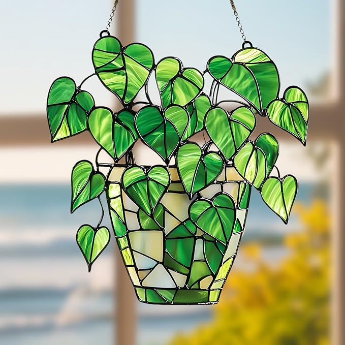Pothos Monstera Plants Acrylic Suncatcher, Boho Suncatchers for Window Hangings, Stained Glass Effect Indoor Outdoor Garden Decor for Nature Lover, Gifts for Mother's Day, Mom, Grandma, Wife, Women