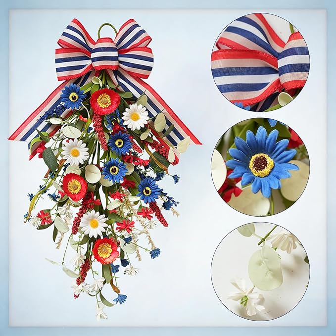 TEMPUS Patriotic Floral Swag Wreath 2-Pack, 22" Red White Blue Artificial Daisy Teardrop Swags with Striped Bow, Handcrafted Patriotic Door Decor for 4th of July Independence Day, Memorial Day