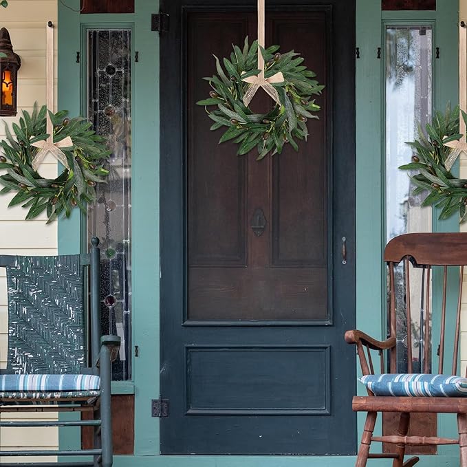 6 Pcs Artificial Summer Olive Wreaths Greenery Wreath Mini Green Kitchen Cabinet Wreaths Spring Wreath for Front Door Porch Wall Window Farmhouse Wedding Decoration