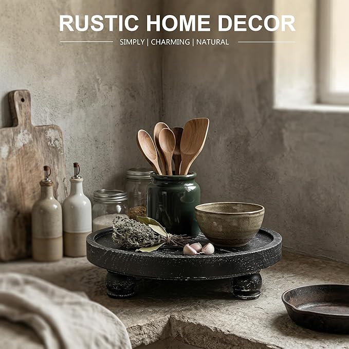 EOSAHR Pine Wood Farmhouse Display Risers for Kitchen Counter - Decorative Riser for Decor with Elevated Design - Rustic Style Wood Pedestal Stand for Bathroom Sink Organizer (Old Black)