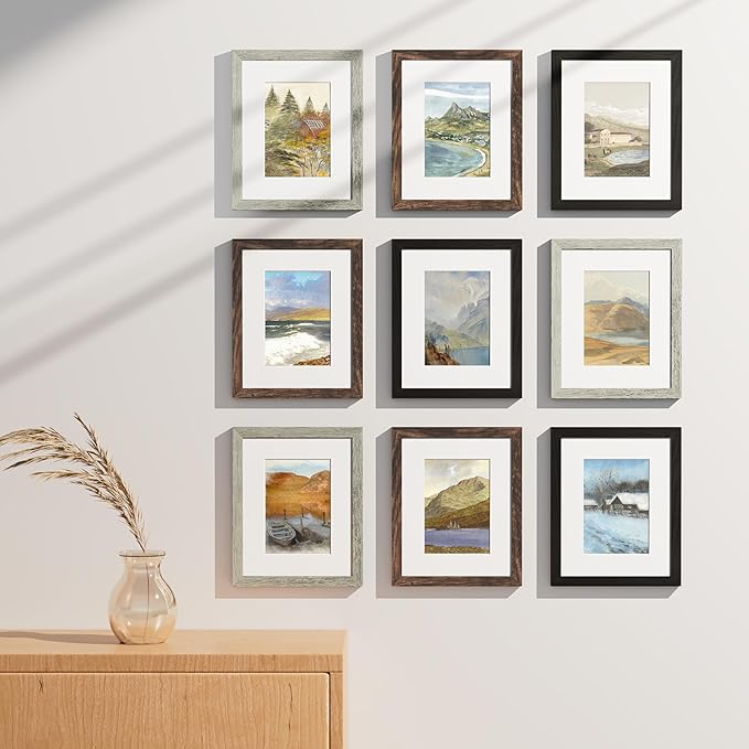 Vittanly 8x10 Picture Frames Set of 9, Display 5x7 Pictures with Mat or 8x10 without Mat, Photo Frames for Wall or Tabletop with Plexiglass, Engineered Wood, Black&Brown&Grey