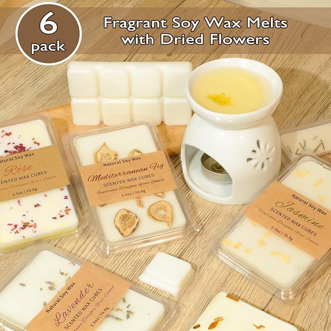 SCENTORINI Wax Melts, 6 Pack Summer Scented Wax Cubes, Soy Wax Melts Tarts with Natural Dried Flower & Highly Scented Essential Oil, Candle Wax for Warmer Gift Set for Home Fragrance