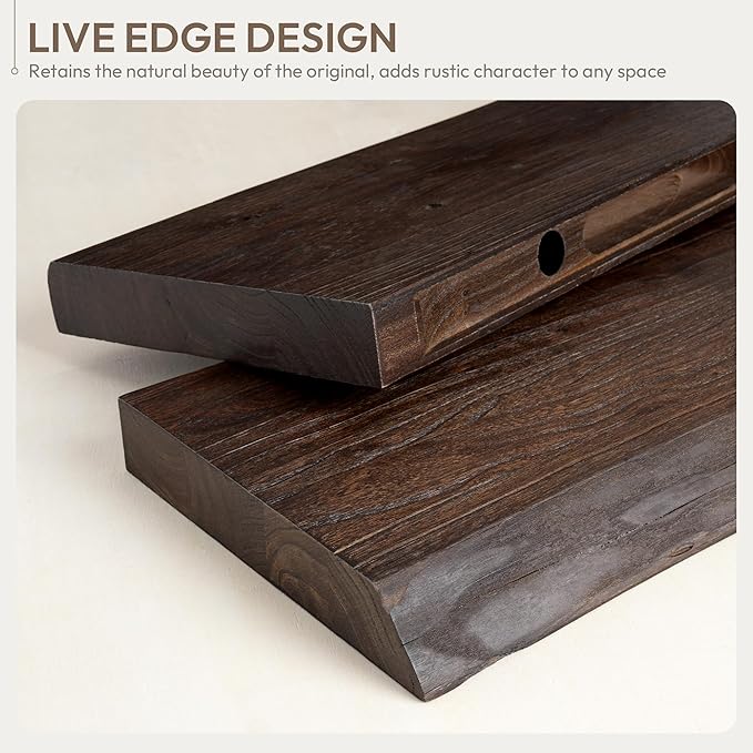 Marsmiles 16 inch Floating Shelves for Wall Elm Wood Live Edge Shelves|Rustic Wall Shelves with Invisible Heavy-Duty Bracket for Bathroom Living Room Kitchen|Walnut, 2 Pack