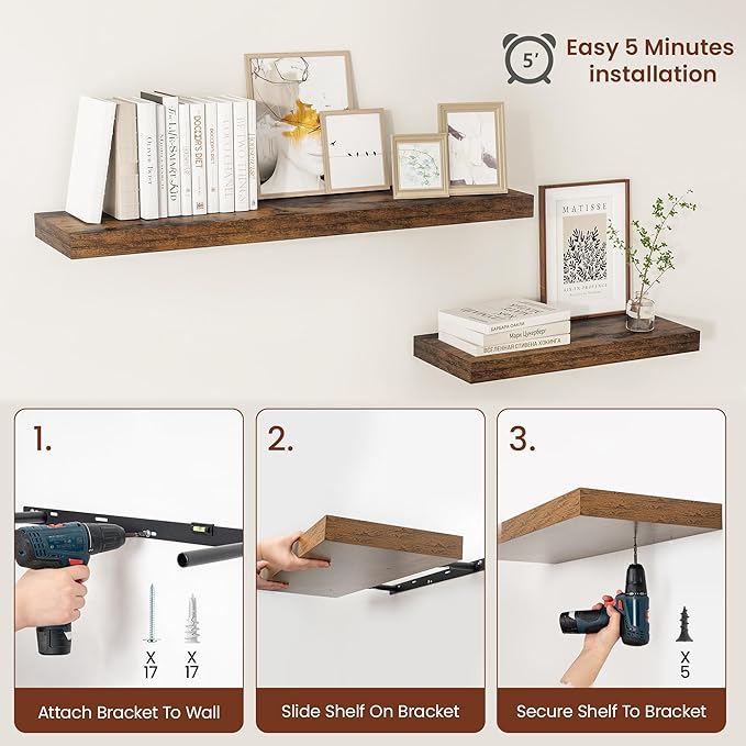 Vivelove 12" Deep Floating Shelves for Wall 16" Long, Wall Shelves for Living Room Bedroom Bathroom Kitchen Laundry Room, Farmhouse Rustic Shelves for Home Decor, 16" X 12" X 2" Set Of 2, Rustic Brown