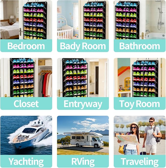 Heavy-Duty, over the door shoe organizer, Extra-Wide Large, shoe organizer, Holds 30 Pairs & Supports 100lbs, shoe rack, with Reinforced Grommets & Bamboo Rods, Fits Men's Size 12 & Boots, Black