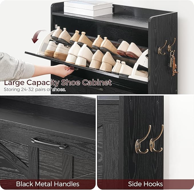 Shoe Storage Cabinet, Shoe Organizer with 2 Flip Drawers, Hidden Shoe Storage for Entryway, Freestanding Shoe Cabinet Organizer with Open Storages, Black SHHB9401