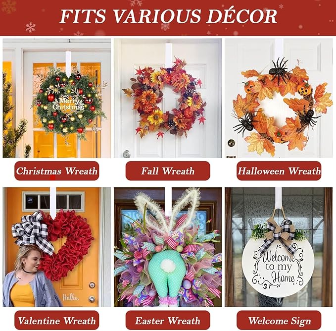 12" Metal Wreath Hanger for Front Door, Non-Scratch, 1 Pack White Wreath Hanger Heavy Duty, Over-the-Door Hooks for Hanging Welcome Sign, Wreath Holder for Easter, Halloween, Christmas Decorations