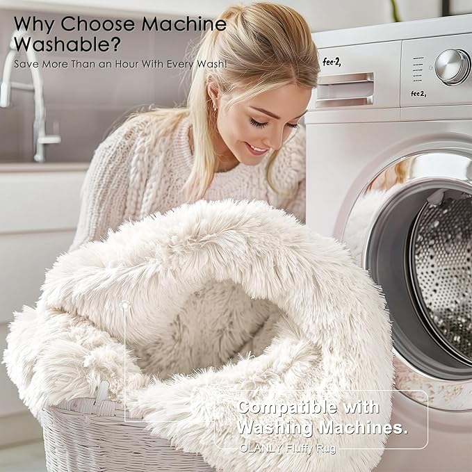 OLANLY Ivory Round Rugs for Bedroom - Machine Washable, 8 ft Circle Area Rugs for Living Room, Soft and Fluffy Shaggy Carpet for Teen Girls and Boys, Nursery Rooms, Dorms, Home Decor Aesthetic