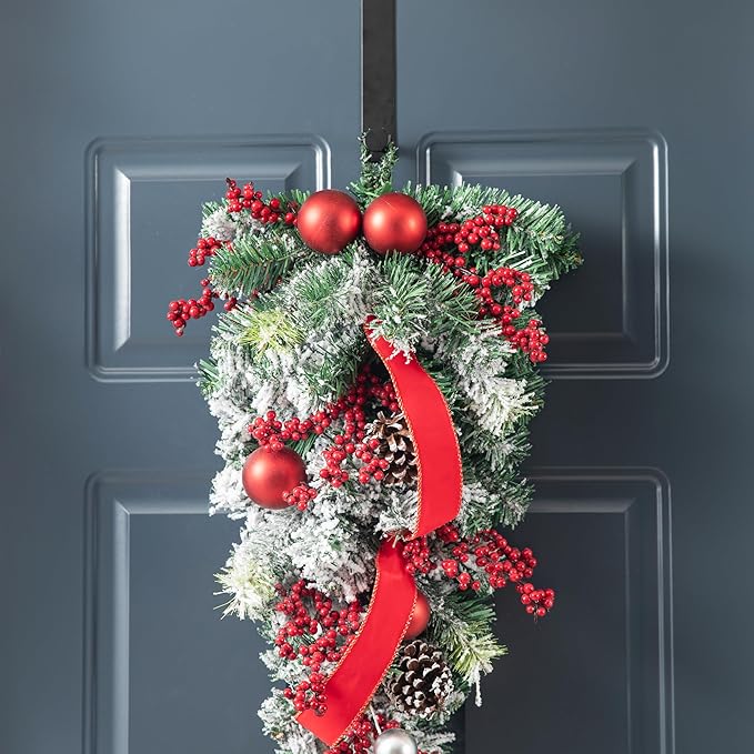 Glitzhome 25" Flocked Christmas Teardrop Door Swag with Berries, Ornaments and Pinecones Snow Dusted Hanging Garland for Front Door Indoor Holiday Decor