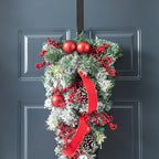 Glitzhome 25" Flocked Christmas Teardrop Door Swag with Berries, Ornaments and Pinecones Snow Dusted Hanging Garland for Front Door Indoor Holiday Decor