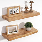 Floating Shelves for Wall Decor, Rustic Solid Elm Wood Live Edge Floating Shelves Wall Mounted, Wall Shelves with Invisible Bracket for Living Room Bathroom Bedroom Kitchen, 20 Inch Set of 2, Natural