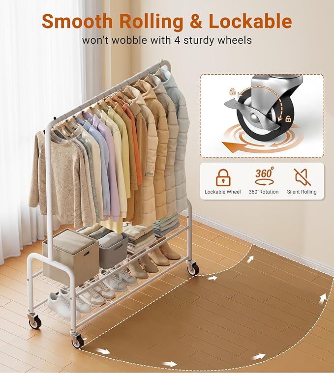 AOODA Heavy Duty Clothes Rack with Shelves, 46.5'' Metal Rolling Clothing Racks for Hanging Clothes, Wardrobe Garment Rack with Lockable Wheels for Coats, Shirts, Shoe Boxes (White)