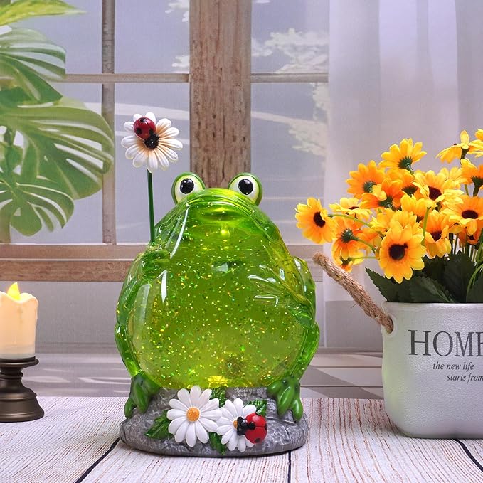 Spring Frog Snow Globe Decor with 6H Timer, Swirling Glitter Frog Snowglobe Spring Figurine Decorations, USB/Battery Operated, for Spring Holiday Home Decor and Gift (Frog Flower)