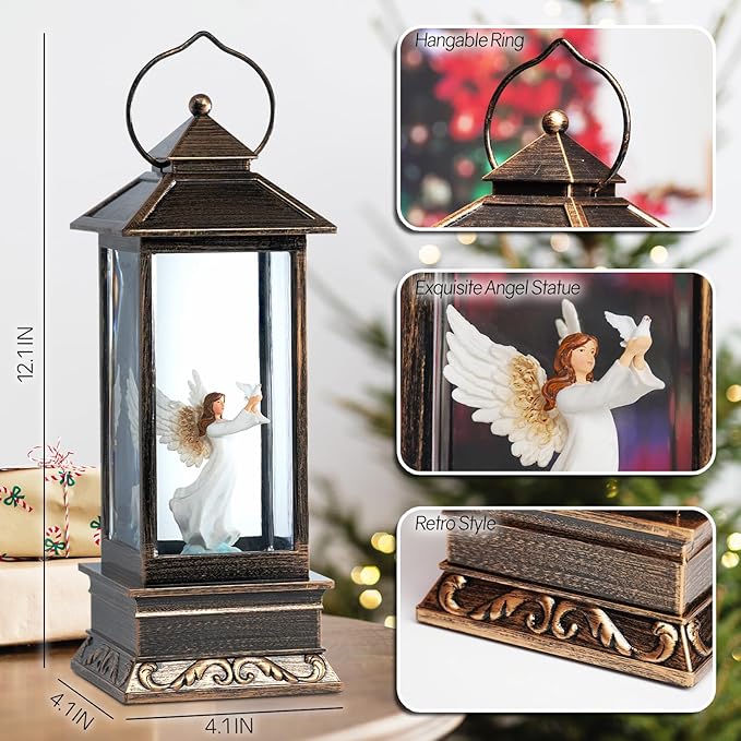 12" Christmas Snow Globe Lantern with Angel and Dove - Water Glittering LED Light Lantern with Music - Vintage Xmas Angel Gifts - USB Plug or Battery Operated Home Decor (Angel)