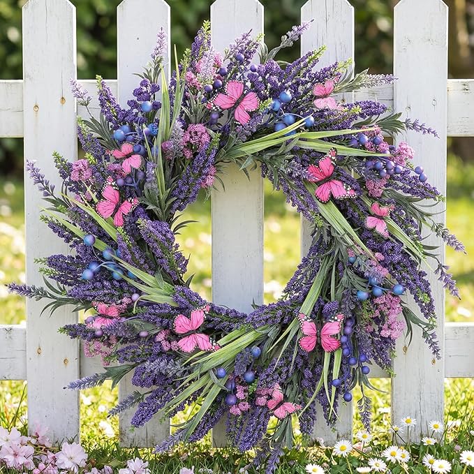 Lavender Wreaths for Front Door 24 Inch Spring Summer Wreath with Lavender,Berries, Butterflies,for Year-Round Use Indoors and Outdoors as Wall, Door, Window, Party and Wedding Decorations