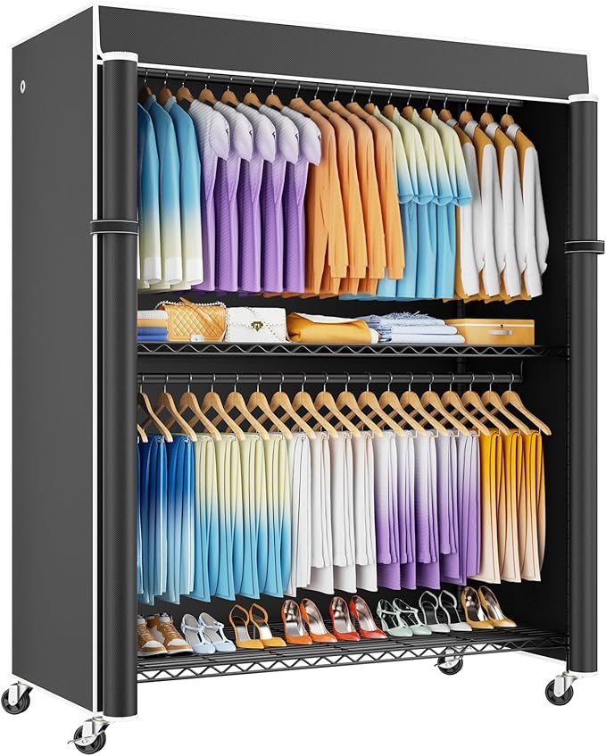 P8C Max Heavy Duty Clothes Rack（With Extended Width Design） Rolling Clothing Racks for Hanging Clothes with Lockable Wheels，51.2"W x 15.8"D x 80.5"H，Load 700LBS，Black Rack with Black Cover