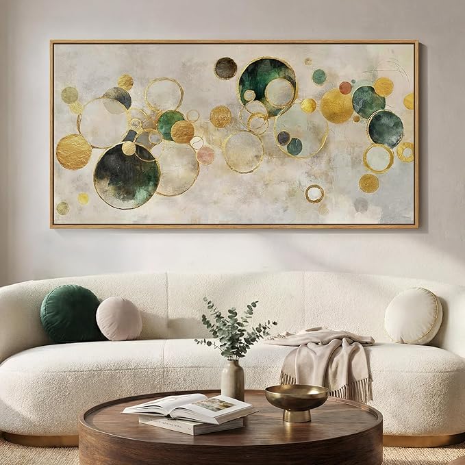 Extra Large Framed Abstract Wall Art for Living Room, Oversized Horizontal Green Canvas Prints Paintings Artwork for Walls, Modern Gold Circle Pictures Wall Decor for Bedroom Dining Office, 36x72 In