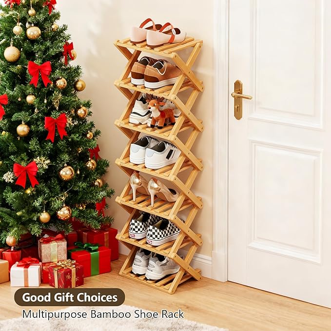 Simcat Bamboo Shoe Rack, Portable Folding Shoe Storage Rack,No Installation Free Standing Shoe Rack for Entryway, Closet, Dorm/Small Spaces (7 Tier)