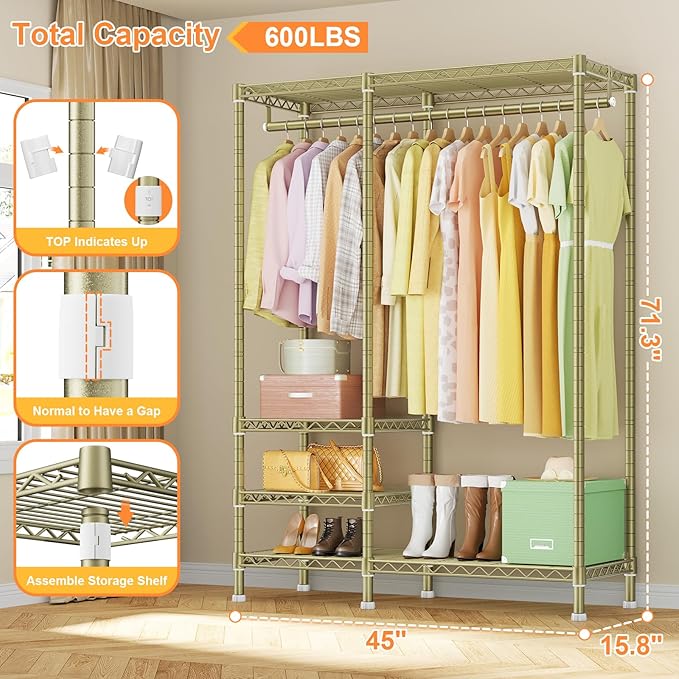 Ulif F4 Heavy Duty Clothes Rack (With Hanger Rod) Freestanding Clothing Racks for Hanging Clothes，Adjustable Closet Organizer System, Portable Garment Rack 45"W x 15.8"D x 71.3"H,Max Load 600LBS, Gold