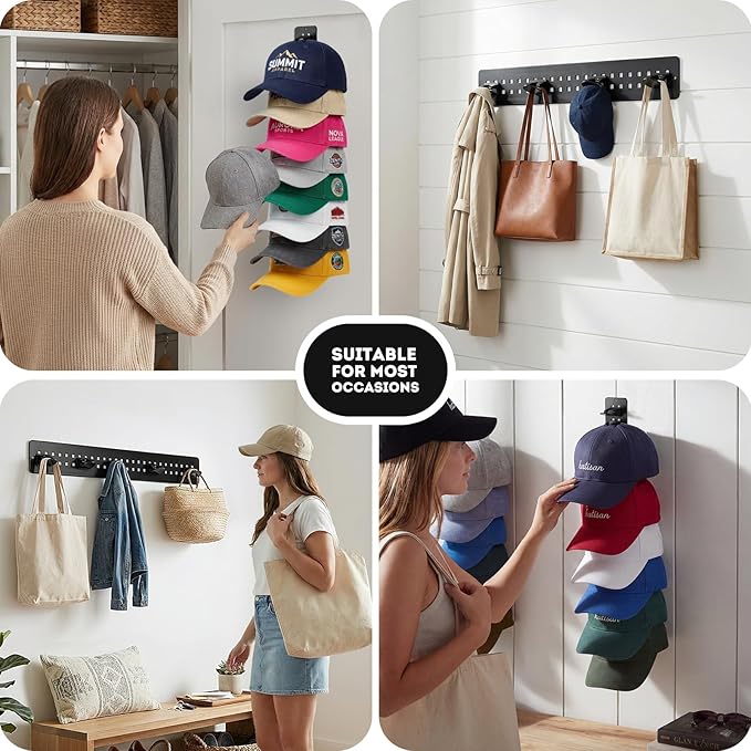 2 Pack Hat Rack Board for Baseball Caps,Hat Rack for Wall, Hat Holder Wall Mount Cap Holder Hat Hangers for Wall Closet Door Bedroom(Black)