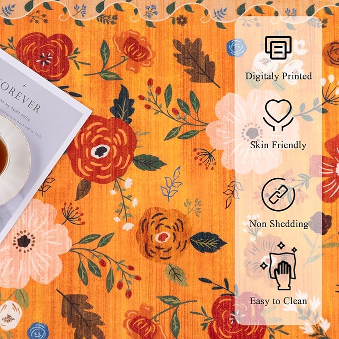U'Artlines 8x10ft Fall Colorful Floral Area Rug Machine Washable Ultra Soft Low Pile Non Slip Non Shedding Accent Floor Carpet for Living Room, Bedroom, Dining Room, Office (Orange)