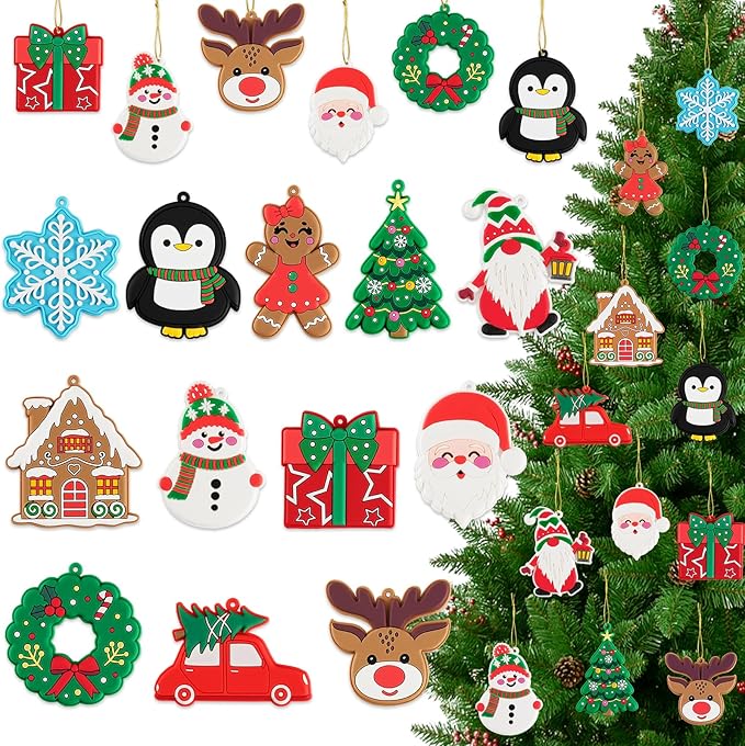 kockuu Christmas Ornaments for Tree Decorations, 12pcs Soft PVC Hanging Ornaments Snowflake Gingerbread House Snowman for Christmas Tree Gift Box, Winter Holiday Party, Home, Office Decor