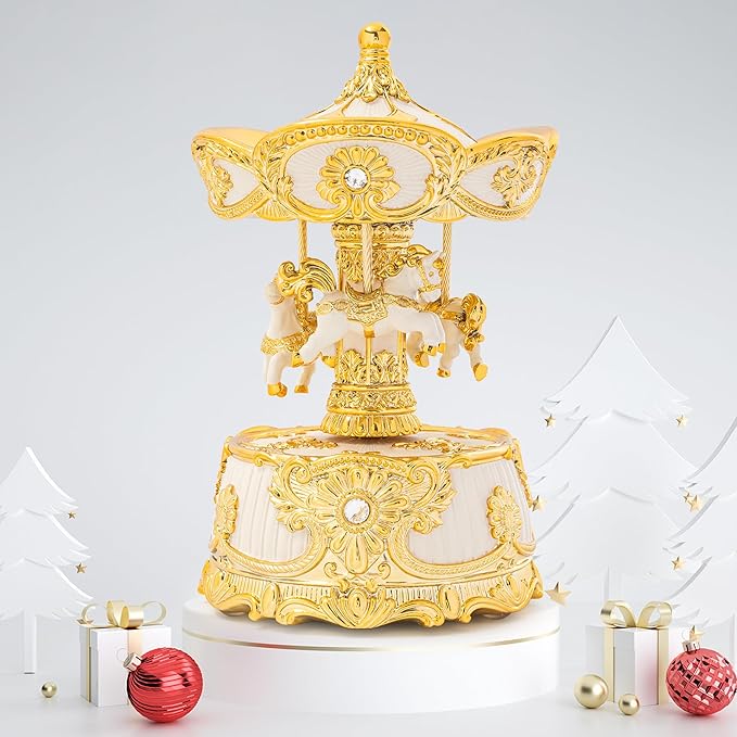 MXwcy Carousel Music Box 6.2" Classic Wind Up Music Box, Rotating Carousel Horse Christmas Table Center Piece, Gold & Ivory Vintage Home Decor, for Mom Women Birthday Gifts for Girls