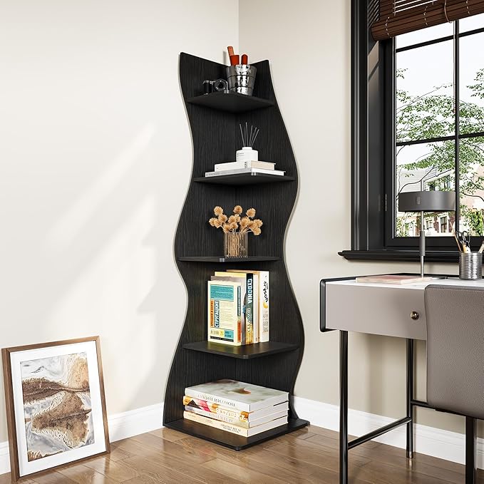 LITTLE TREE Small Corner Shelf, Modern 5-Tier Wall Corner Bookshelf, Stylish Bookcase Storage Rack for Small Space, Living Room, Bedroom