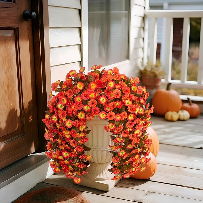 Artificial Fall Hanging Flowers for Outdoors Decoration, 2PCS Fake Plants Faux Realistic Silk Morning Glory Long Vines UV Resistant for Autumn Outside Porch Patio Balcony Yard Planter, OrangeYellow