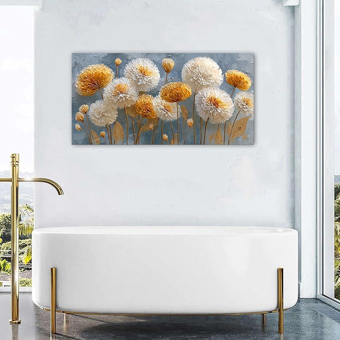 Abstract White Flower Wall Art Golden Floral Pictures Wall Decor Neutral Flowers Canvas Painting Boho Blossom Posters Print Nature Botanical Artwork Bedroom Living Room Office Home Decoration 24x48