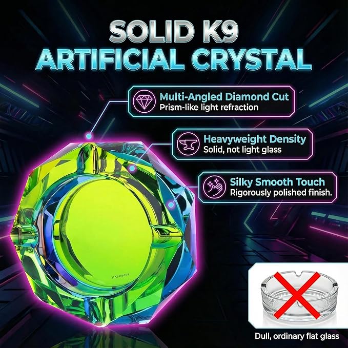 Kaforise Heavy K9 Crystal Ashtray for Cigarettes – Cool Color-Changing Glass Ash Tray for Outdoor Patio & Home Decor – Fancy Geometric Tabletop Accessories, Unique Luxury Gift for Men Smokers(03)