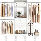 Unikito 48" W - 96” W Closet Organizer, 8FT Walk in Closet Systems Starter Kit with 25” Tower and 3 Extendable Hanging Rods, Sturdy Wood Garment Rack with 4 Drawers and Mirror, Max Load 1000 LBS White