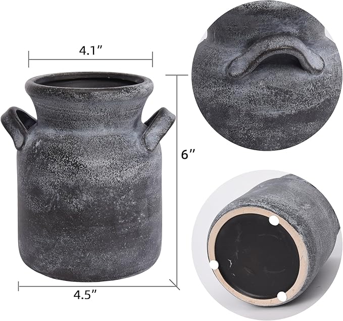 Quoowiit Ceramic Rustic Farmhouse Vase, Distressed Decorative Flower Vases for Home Decor, Ideal Shelf Decor, Black Boho Vase for Living Room Bedroom Kitchen Office Centerpiece Table Decorations