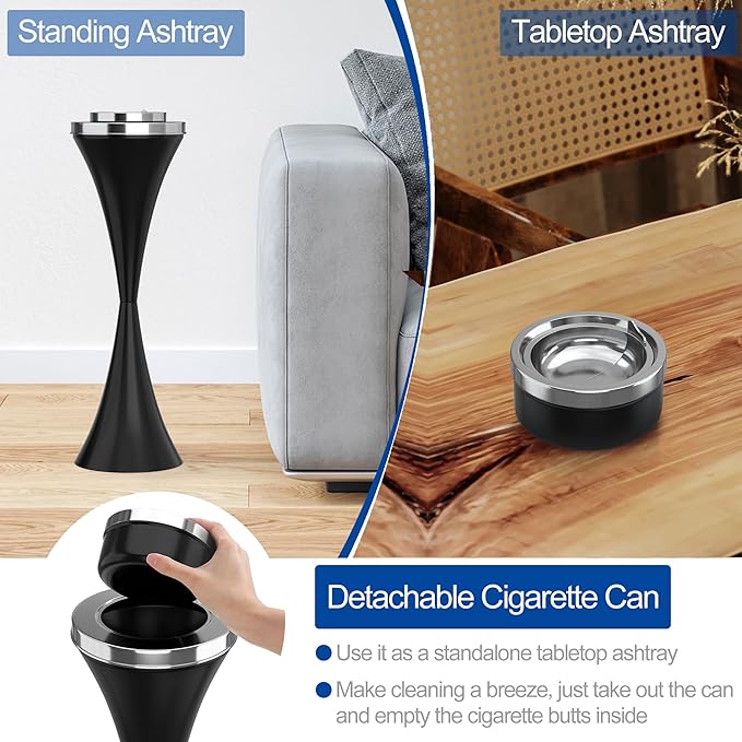 RELIANCER Floor Standing Ashtray w/Detachable Cigar Container,Stainless Steel Cigarette Ash Tray,Outdoor Self-Cleaning Ash Holder w/Weighted Base,Cigarettes Butt Receptacle Disposal for Home Patio
