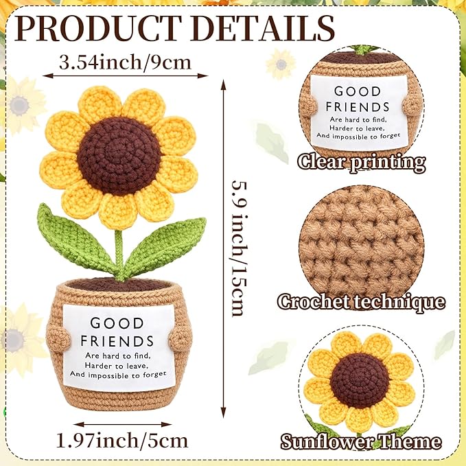 Wavwavw 1 Pcs Friends Gifts for Women, Galentines Graduation Handmade Sunflower Crochet Doll with Positive Card for Female Birthday BFF Bestie Gifts (Good Friends)