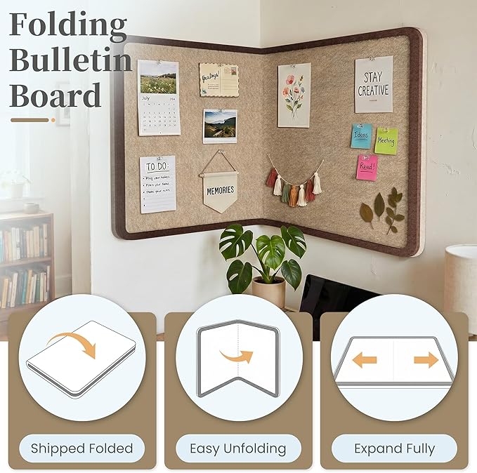 Bulletin Board, 48 x 36 inches Decorative Felt Board Foldable Photo Board Pin Boards, Cork Board Alternative for Walls, Office, Home, Classroom with Pushpins ＆ Small Storage Bag, Brown