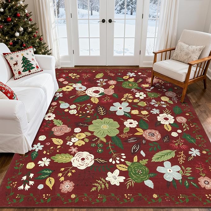 U'Artlines Red Christmas Area Rug 8x10,Floral Large Rugs for Living Room, Non Slip Non Shedding Floral Vintage Low Pile Carpet for Bedroom, Dining Room,Classroom,Farmhouse,Office (Red)