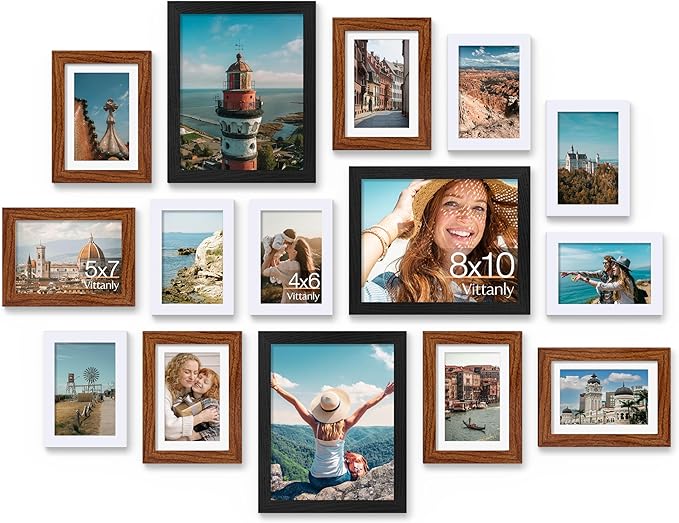 Vittanly 15 Pack Picture Frames Collage Wall Decor, Multi Sizes Including 3pcs 8x10, 6pcs 5x7 and 6pcs 4x6 Photo Frames, Gallery Frame Set for Wall or Tabletop Display, Black, Walnut Brown and White