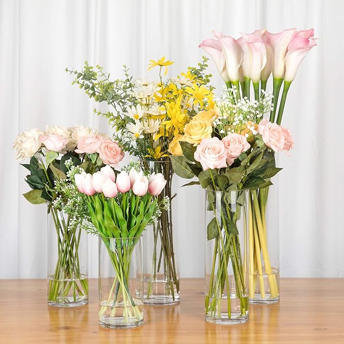 WGV Cylinder Vase Bulk, Diameter 5", Height 16", Clear Glass Floral Planter Container, Tall Centerpiece Arrangement for Wedding Party Event Home Office Decor, 6 Pieces