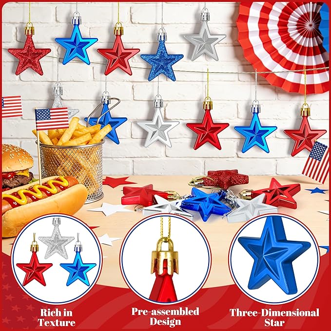 24PCS 4th of July Decorations for Tree, Patriotic Star Shaped Ornaments, Pre-Assembled Red Silver and Blue Star Ornaments, 250 Anniversary USA Merchandise for Memorial Day Fourth of July Party Decor
