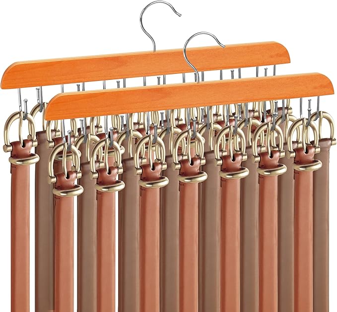Belt Hanger for Closet, 360° Rotating Tie & Belt Rack for Storage with 14 Hooks,Versatile Hanger Rack with Hooks(2Natural)