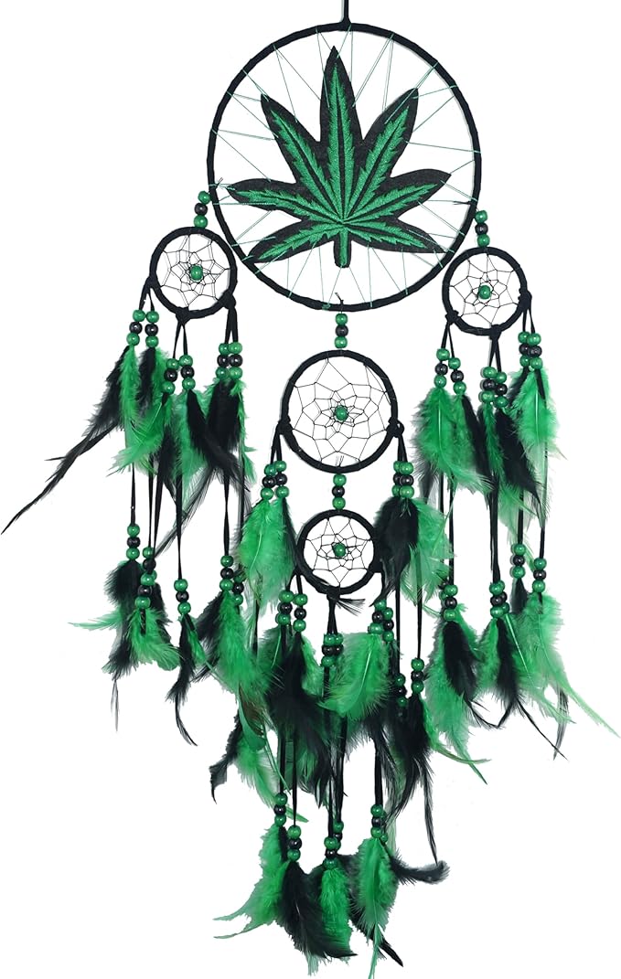 Green Leaf Weed Dream Catcher Wall Hanging Decor Bedroom Adult Living Room Home Bohemian Decorations (5 Rings)