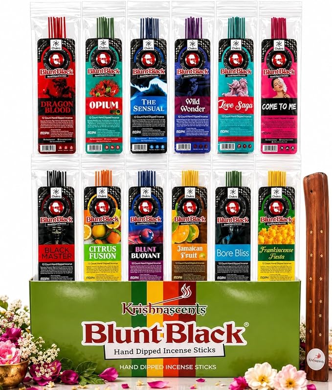 Blunt Black Hand-Dipped Incense Sticks | Premium 12 Assorted Packs - 144 Sticks, 11" Long | Aromatherapy with Long Burn Time | Free Wooden Stick Holder (Scents May Vary)