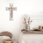 VZVCTFS White Multicolored Wildflowers Cross Wall Decor with Scripture - John 6:35 Wooden Christian Sign, Rustic Farmhouse Inspirational Gift for Home, Easter Christmas Hanging Art (6.5x10 Inch)（A07）