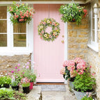 20 Inch Spring Wreaths for Front Door, Artificial Pink Gerbera Daisy & Yellow Rose Floral Wreath with Lamb's Ear Leaves & Greenery, Farmhouse Summer Wreath for Wall Window Porch Home Decor
