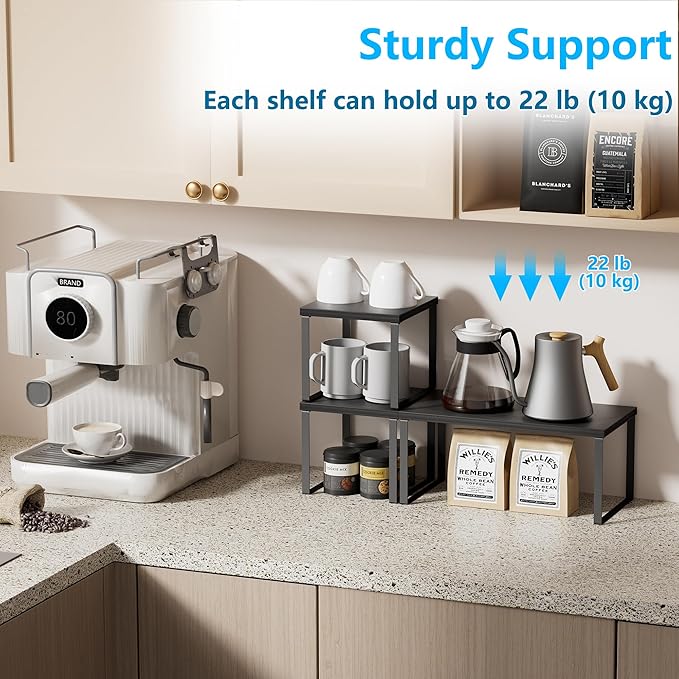 Golener Countertop Organizer Corner Shelf, 2 Tier Adjustable Stackable Corner Shelves for Kitchen, Bathroom, Spice Rack, Coffee Area, Cabinet, Dresser Table, Corner Counter Shelf Stand, Classic Black