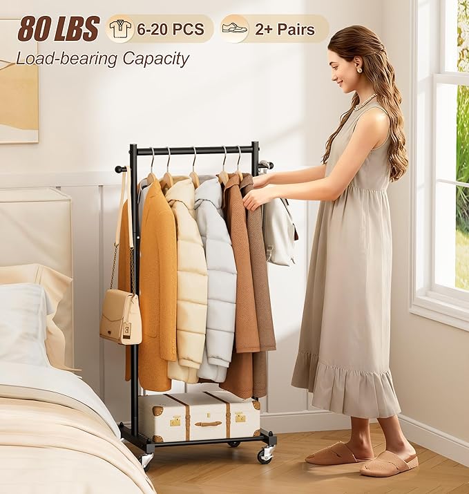 MISSLO Small Clothing Racks for Hanging Clothes 45" Short Clothes Rack with Shelves Metal Rolling Garment Rack with Wheels for Small Space, Closet, Wardrobe, Adults & Kids, Black